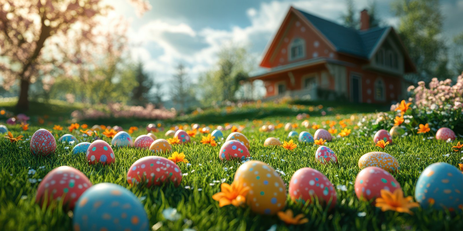 Colorful eggs scattered across a vibrant garden during springtime near a charming house